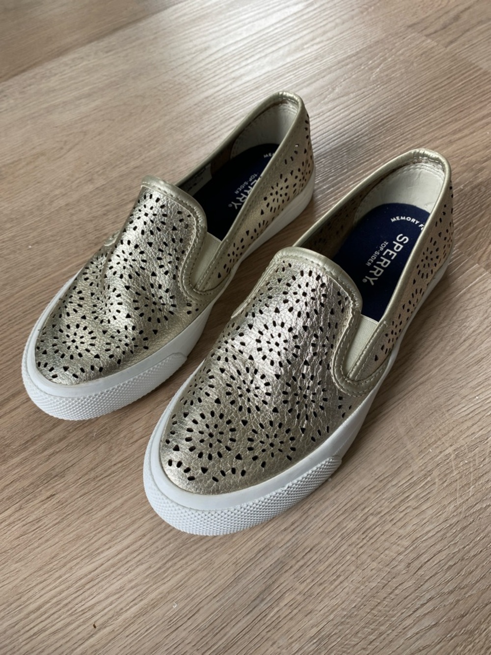 Sperry Metallic Perforated Slip-On Sneakers | Leather Casual Comfort Shoes